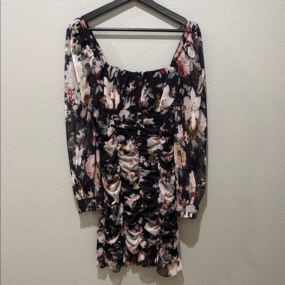 Milk & Honey Black Floral Sheer Long Sleeve Ruched Bodycon Mini Dress Size S